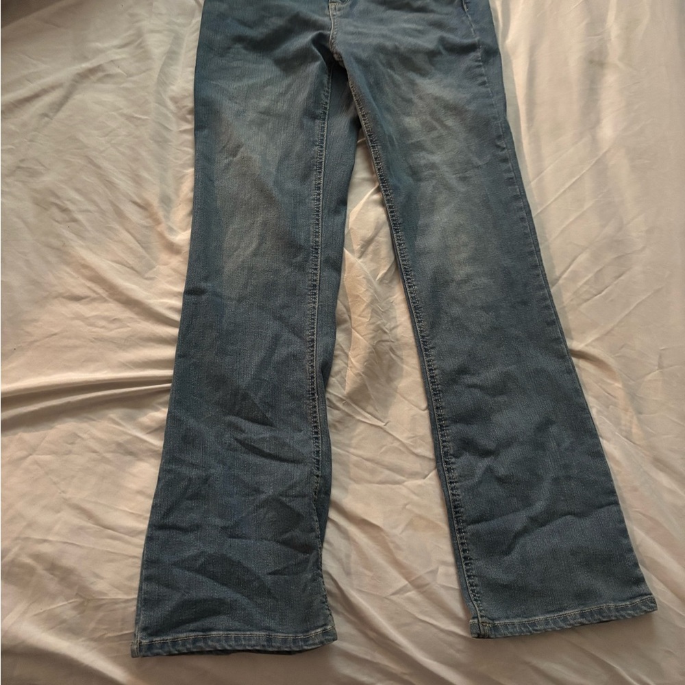 Blue Flare Wide Leg Jeans with Subtle Fading